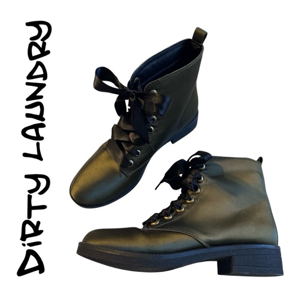 DIRTY LAUNDRY Olive Green Satin Combat Boots SRZ-003 Army Moto Ankle Women's 8.5 - Picture 1 of 14